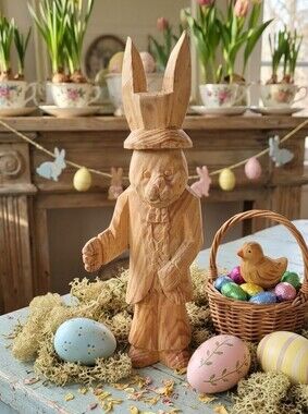 Hand Carved Wooden Bunny Rabbit figurine Folk Art 8" Easter Home Decor [COPY]